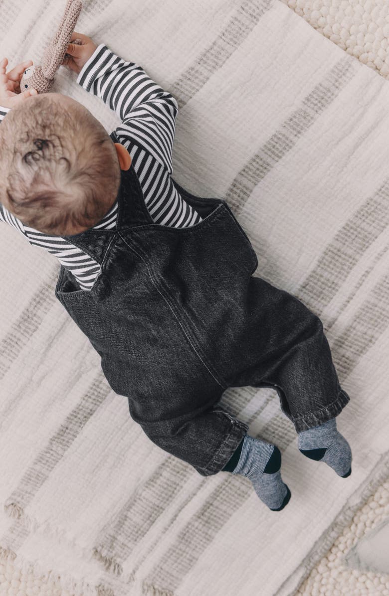 NEXT Stripe Long Sleeve T-Shirt & Denim Overalls Set, Alternate, color, Black