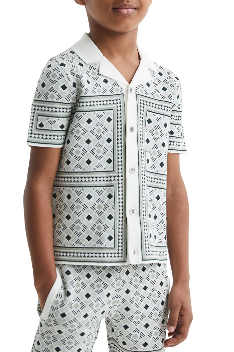 Kids' Charmer Jr. Geometric Jacquard Short Sleeve Cardigan, Alternate, color, SAGE