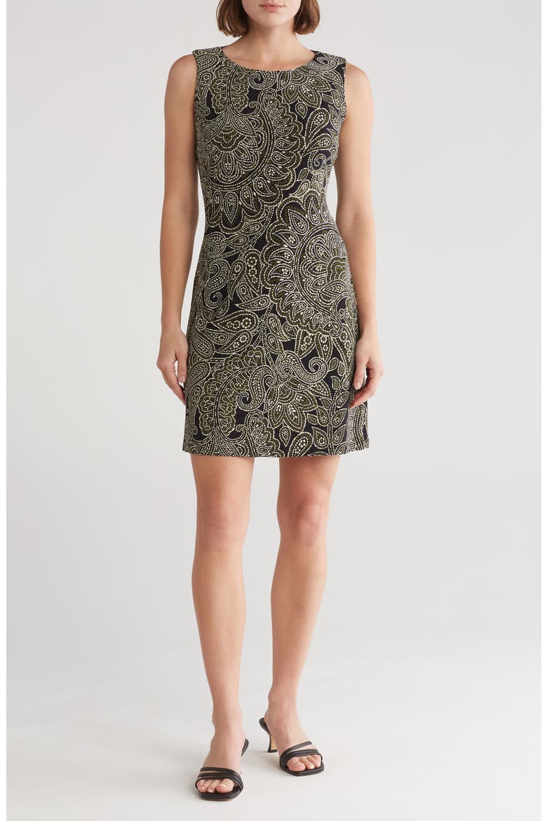 Florentine Scoop Neck Sleeveless Paisley Print Shift Dress, Main, color, BLK/D OLV