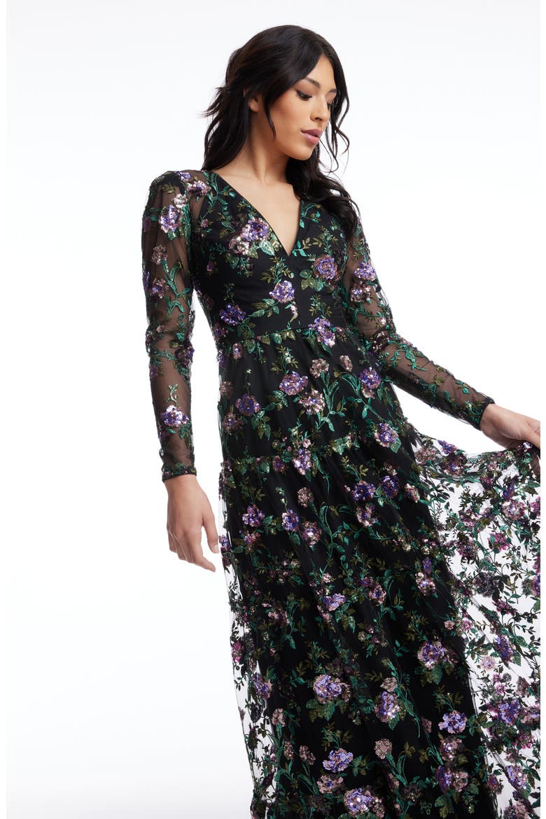 Angelina Sequin Floral Embroidery Long Sleeve Gown, Alternate, color, BLACK MULTI