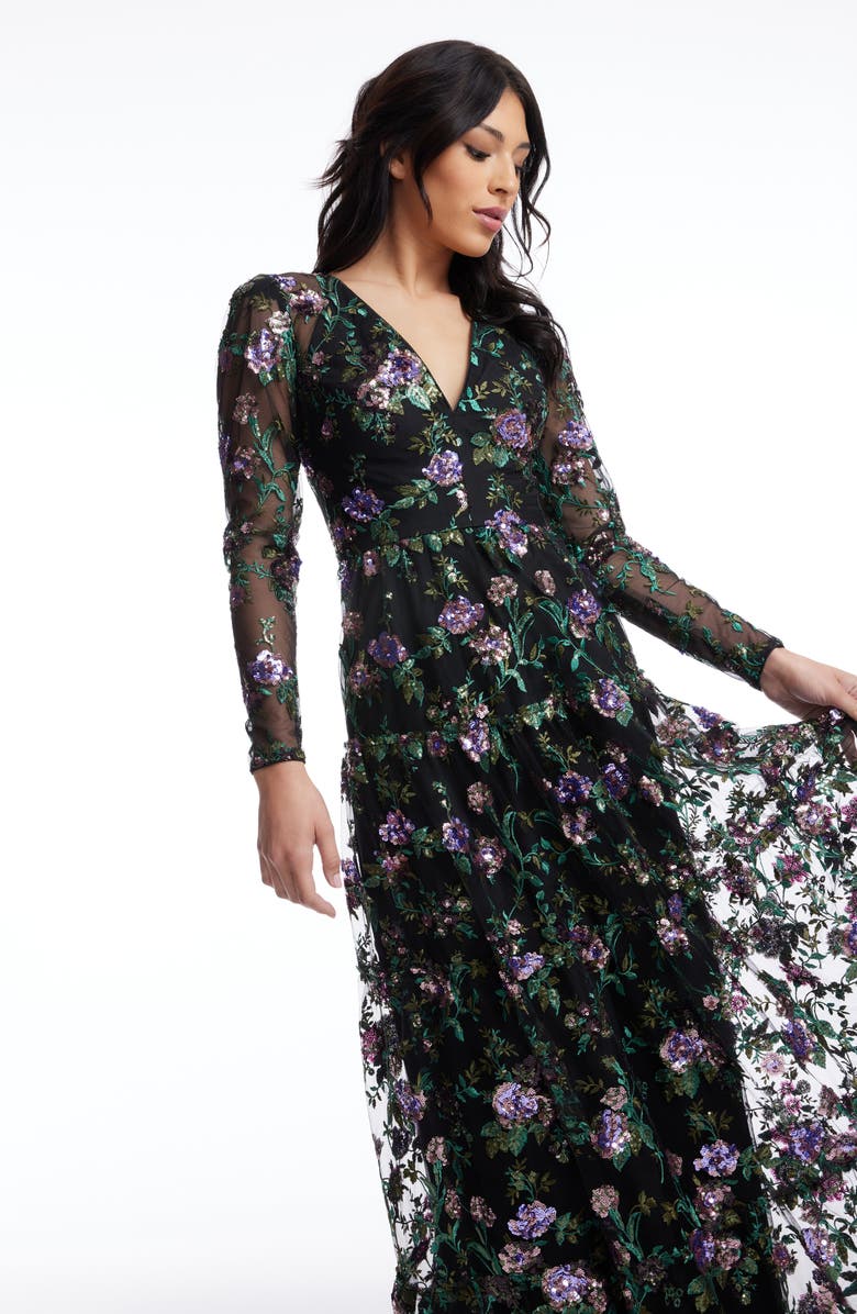 Dress the Population Angelina Sequin Floral Embroidery Long Sleeve Gown, Alternate, color, Black Multi