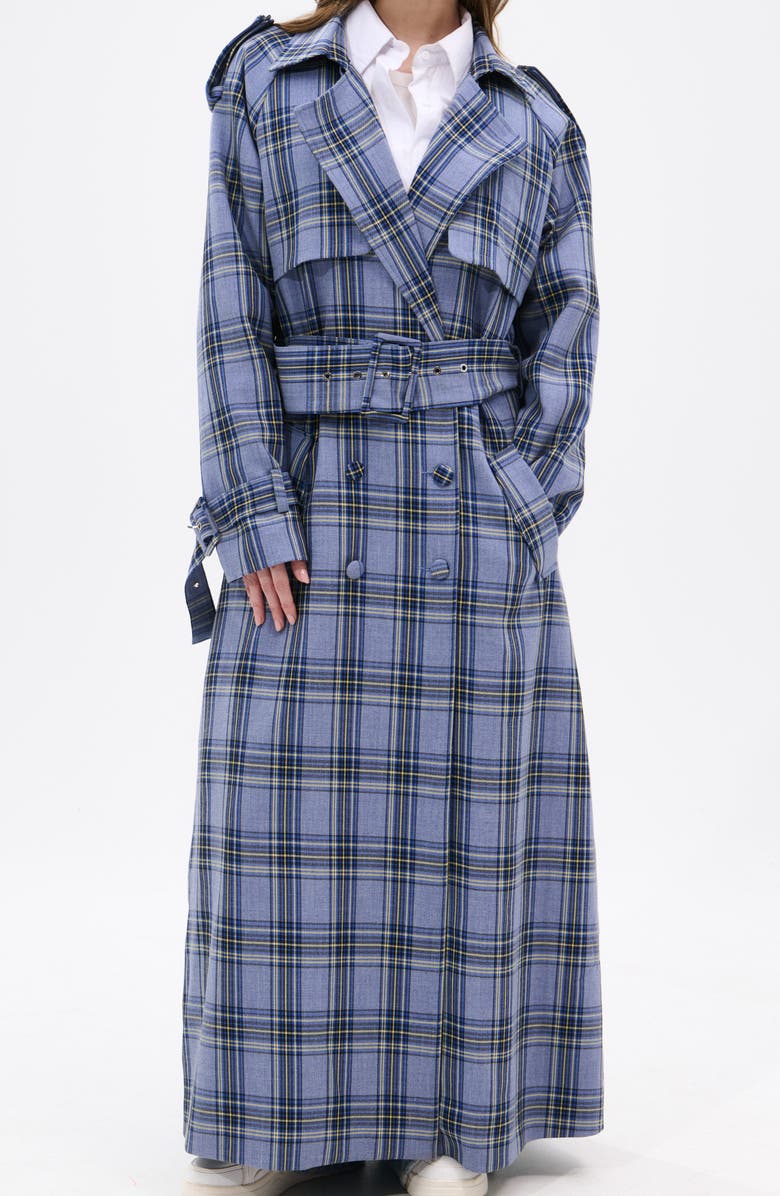 AZALEA WANG Long Plaid Trench Coat, Alternate, color, Blue Multi