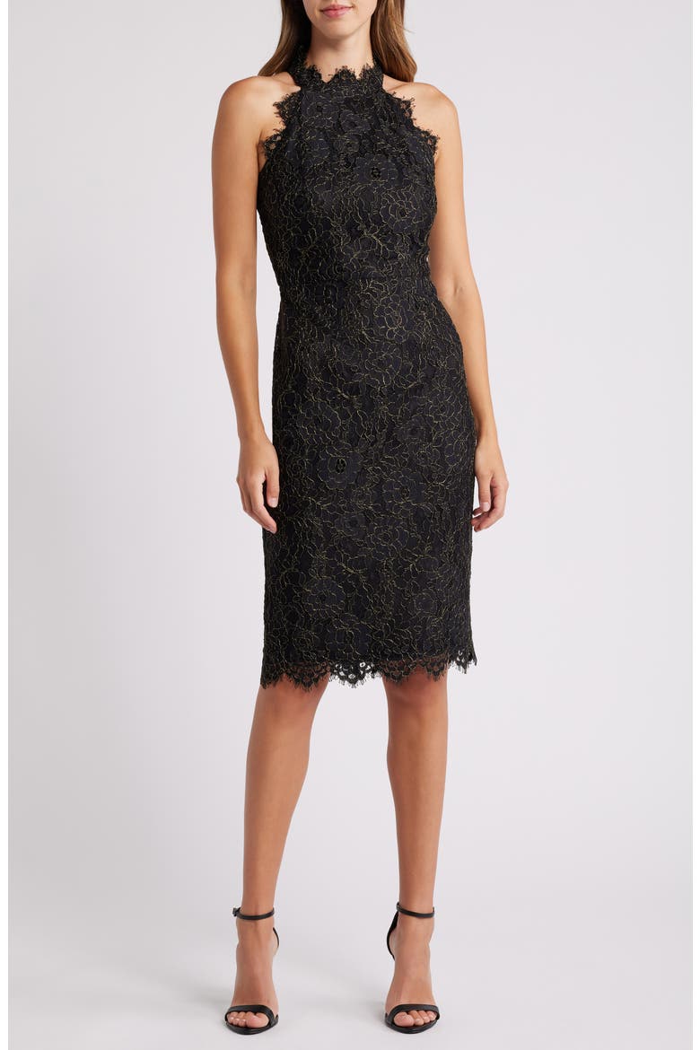 Metallic Eyelash Lace Cocktail Dress, Main, color, BLK GOLD