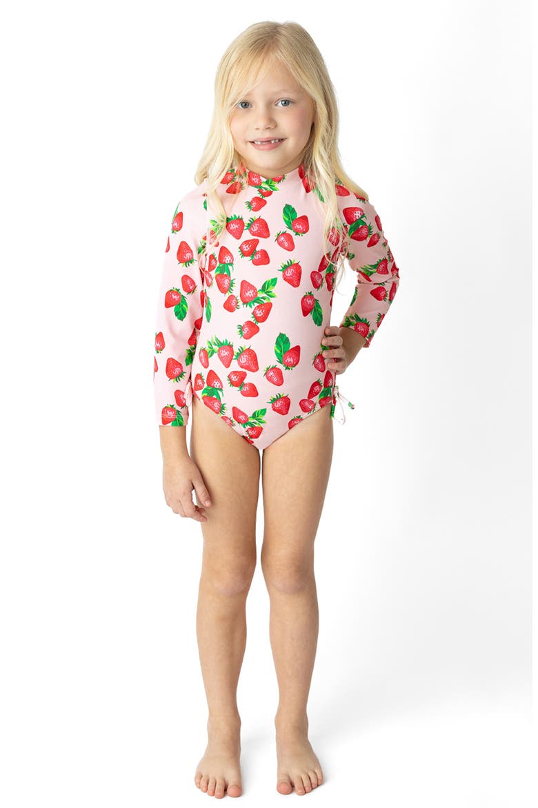 Kids' Strawberry Long Sleeve UPF 50+ One-Piece Rashguard Swimsuit, Alternate, color, PINK