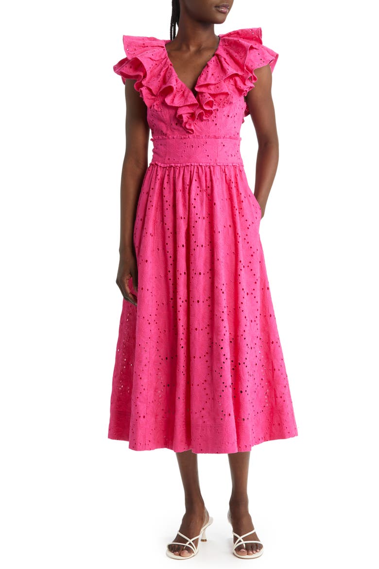 Mirza Ruffle Midi Dress, Main, color, BRIGHT PINK