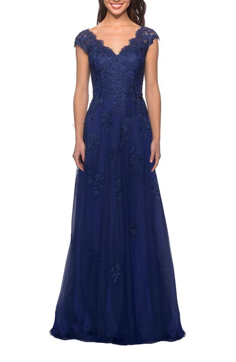 Short Sleeve Lace Gown with Cascading Embellishments