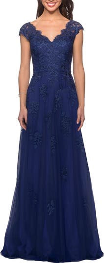 Short Sleeve Lace Gown with Cascading Embellishments