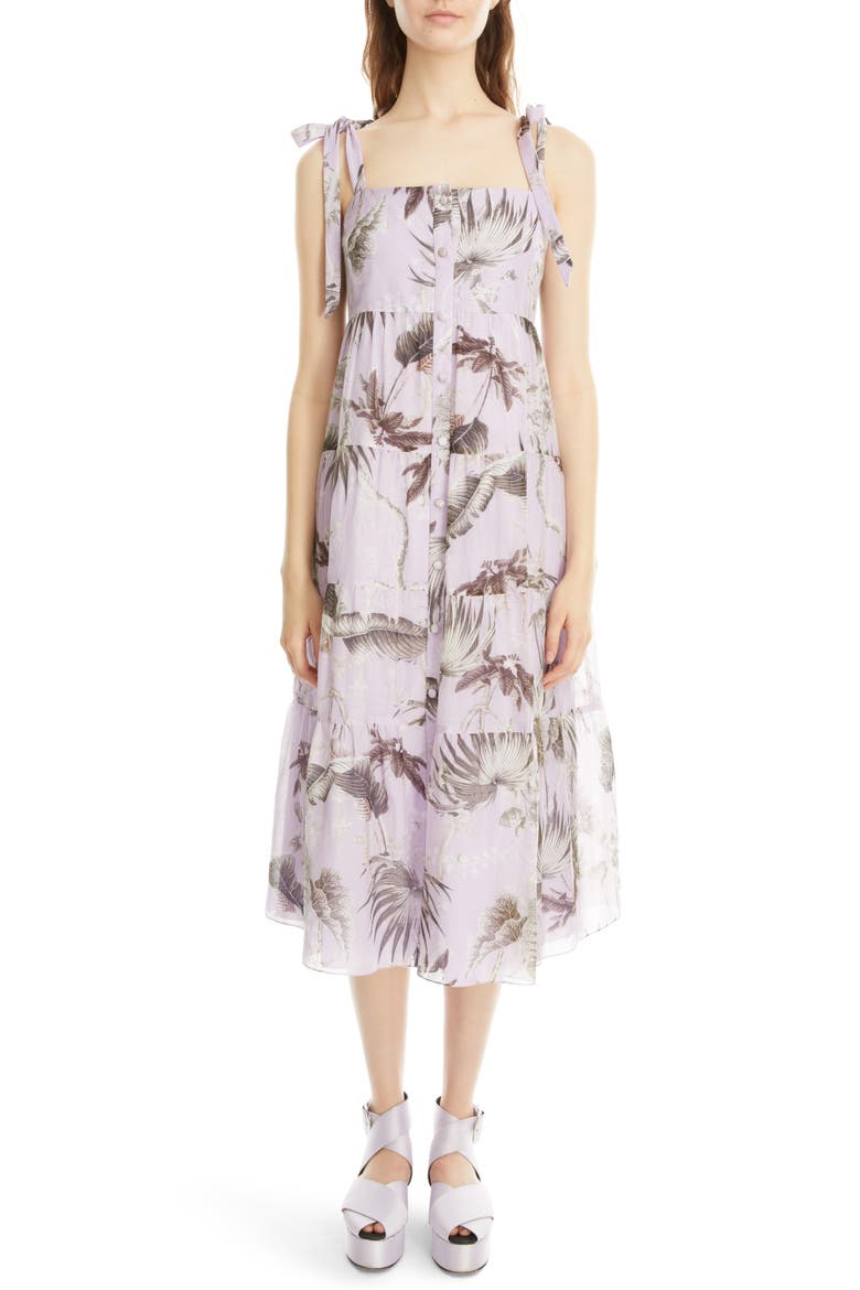 Georgiana Palm Print Cotton & Silk Poplin Midi Dress, Main, color, WILD PALM LILAC