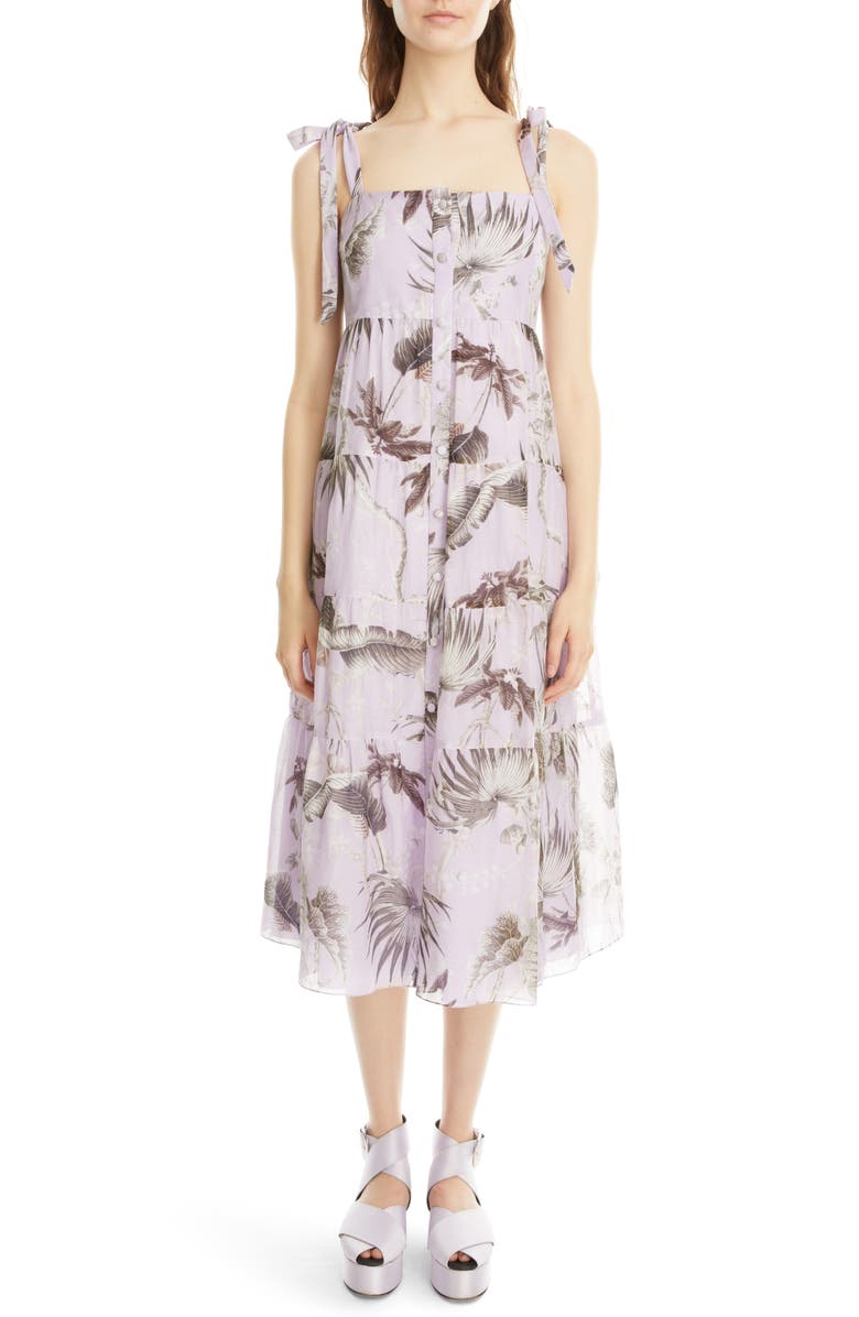 Erdem Georgiana Palm Print Cotton & Silk Poplin Midi Dress, Main, color, 