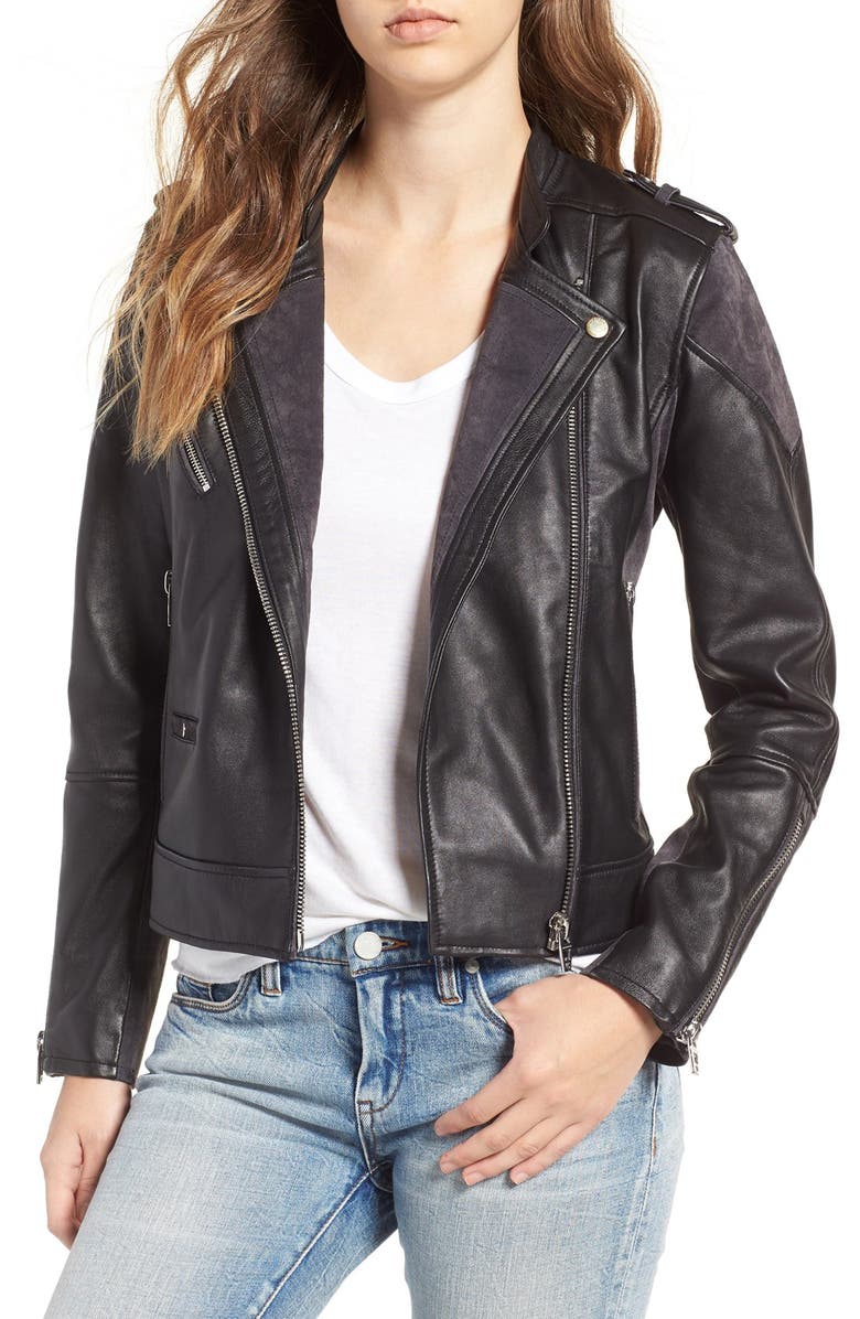 BLANKNYC Genuine Leather & Suede Moto Jacket, Main, color, 
