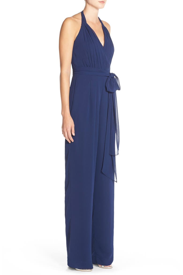 August Scarlette Faux Wrap Chiffon Halter Jumpsuit, Alternate, color, TANGLED UP IN BLUE