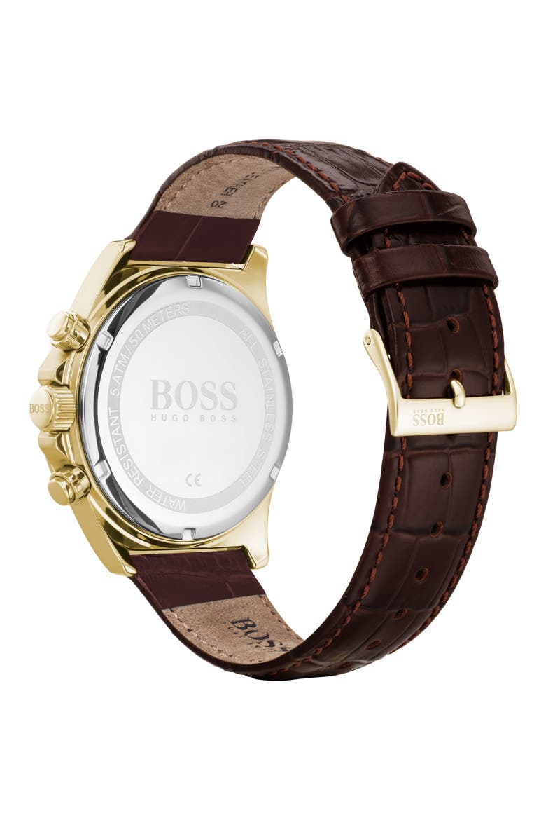 Hero Chronograph Leather Strap Watch, 43mm, Alternate, color, BROWN/ BLUE/ GOLD