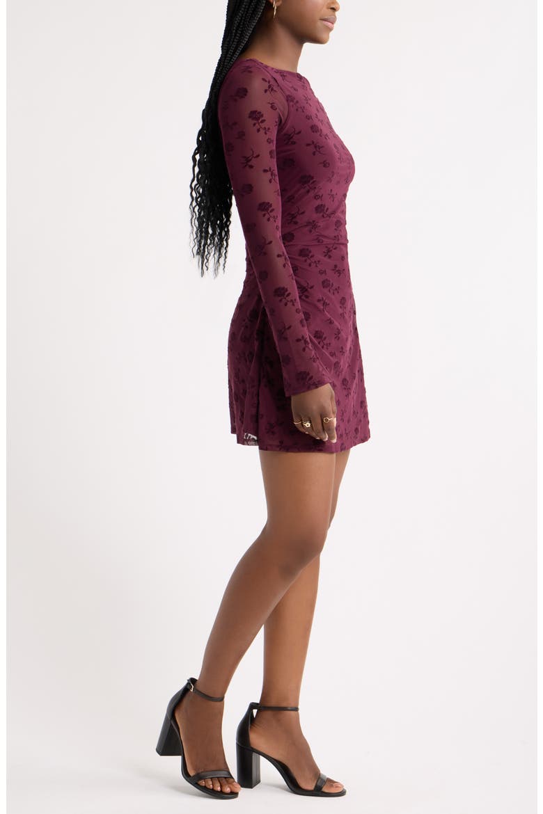 Flocked Mesh Minidress, Alternate, color, BURGUNDY STEM