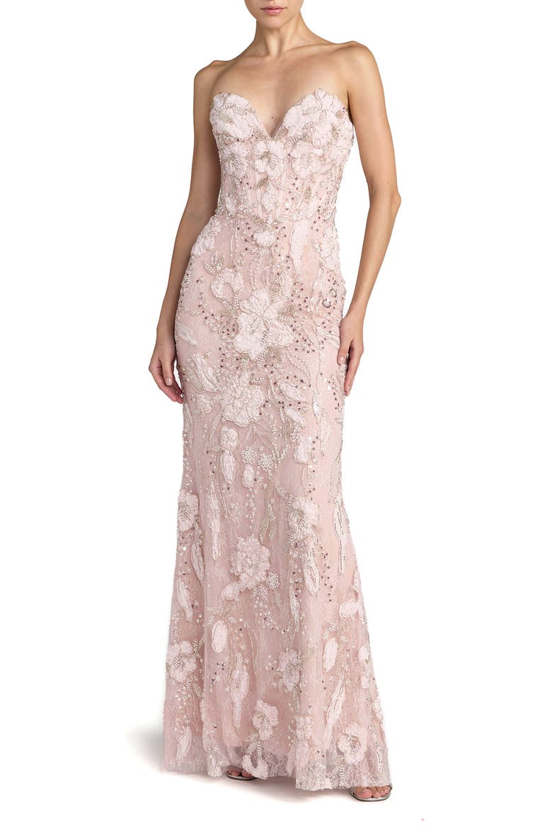 Floral Beaded Mesh Strapless Column Gown, Main, color, Porcelain