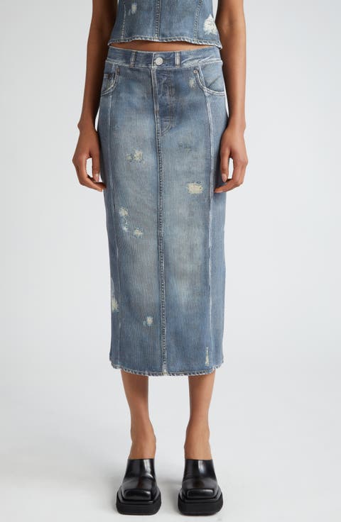 Etty Denim Trompe l'Oeil Cotton Midi Skirt