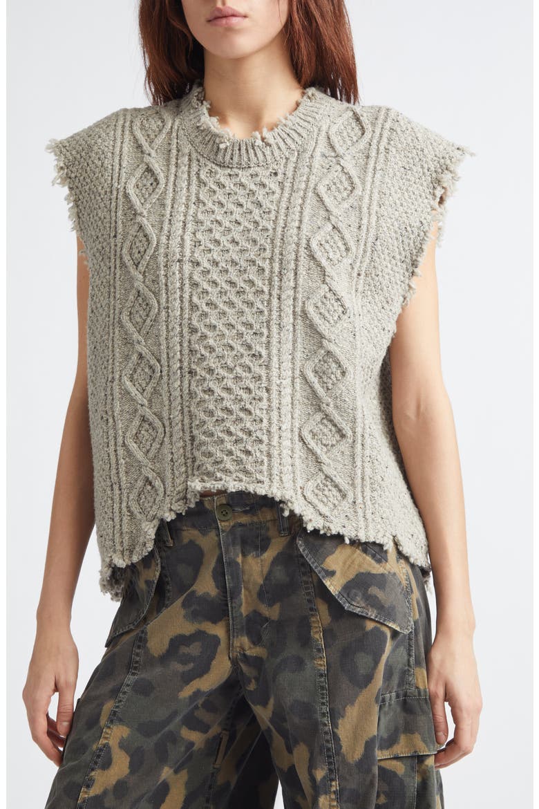 Distressed Cable Stitch Wool Blend Boyfriend Sweater Vest, Alternate, color, LIGHT HEATHER GREY TWEED
