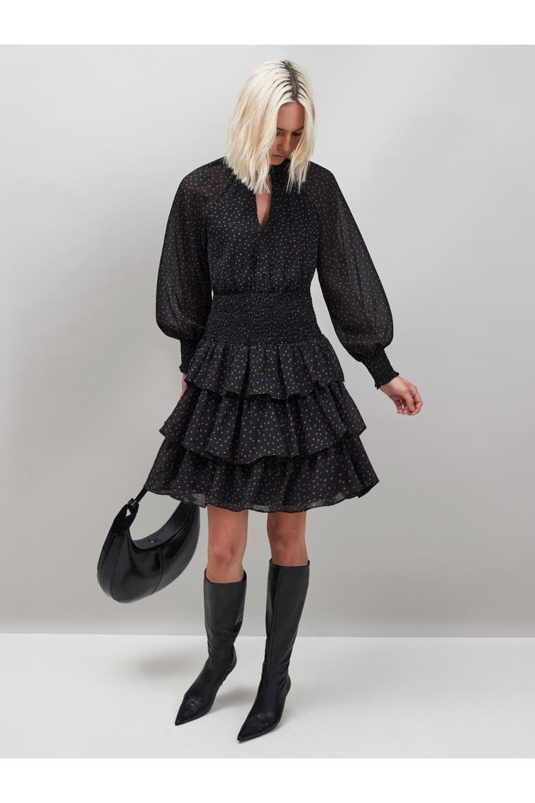 Dash Print Tiered Mini Dress, Main, color, Caramel
