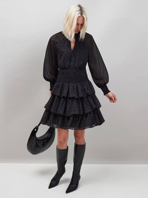 Dash Print Tiered Mini Dress