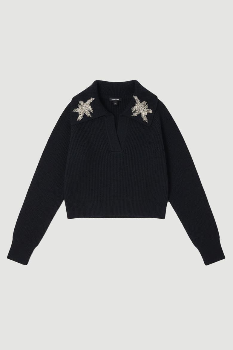 Embellished Collar V Neck Knit Sweater, Alternate, color, Navy