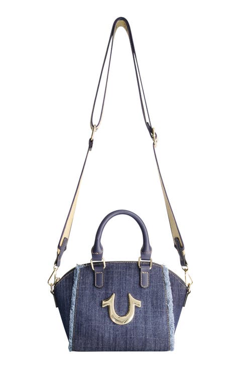 Frayed Denim Horseshoe Satchel Bag