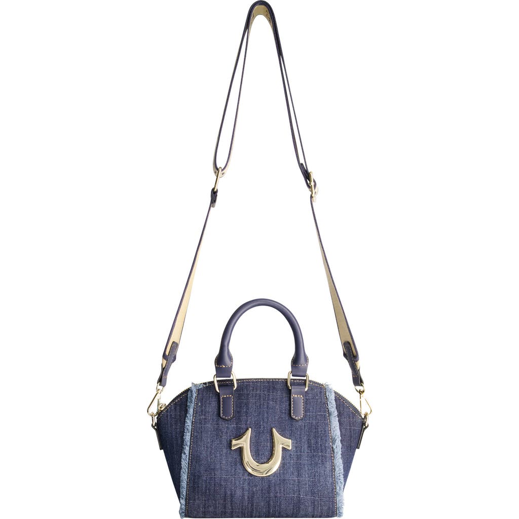 TRUE RELIGION TRUE RELIGION FRAYED DENIM HORSESHOE SATCHEL BAG