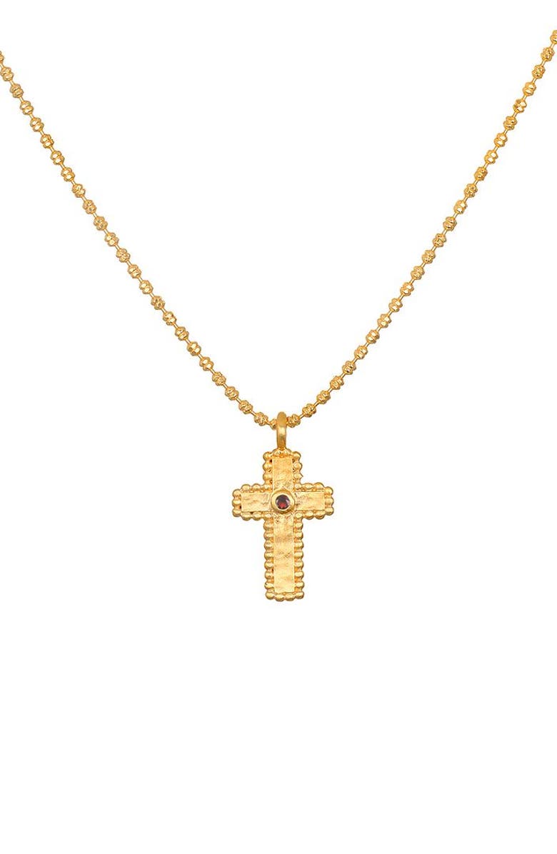 Satya Jewelry Unwavering Faith Garnet Cross Necklace, Main, color, Gold