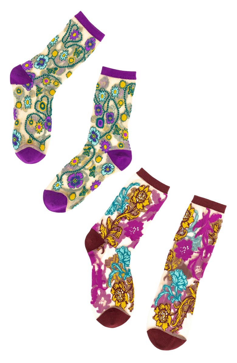 Sock Candy Baroque Botanicals Assorted 2-Pack Sheer Crew Socks, Main, color, Purple Multi