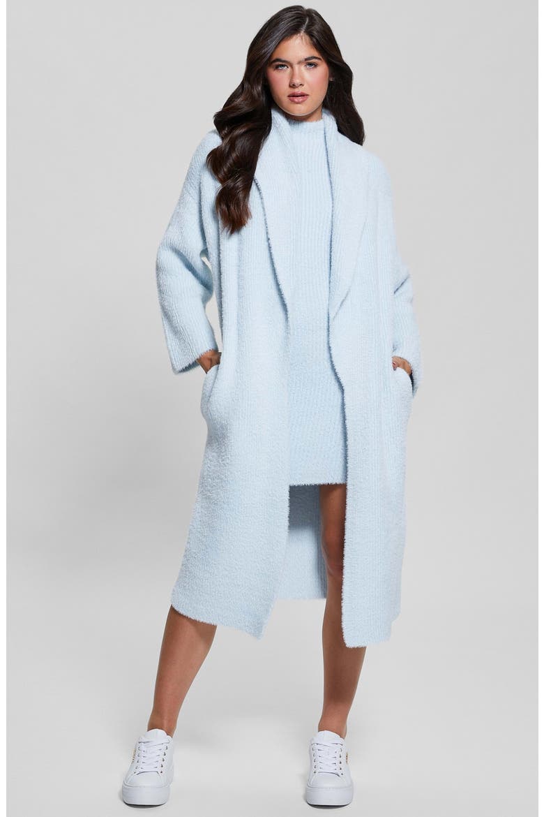 Vero Fuzzy Shawl Collar Longline Cardigan, Alternate, color, SKY HIGH