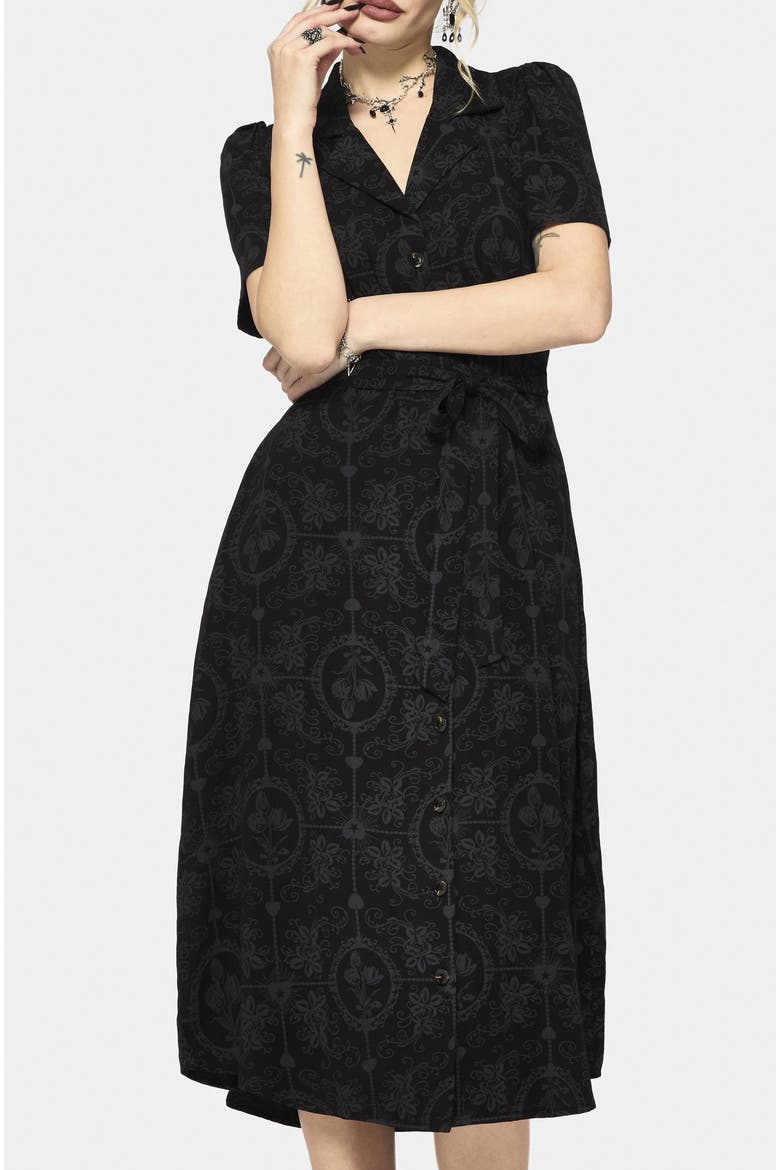 Cameo Floral Tie Belt Midi Shirt Dress, Alternate, color, Black