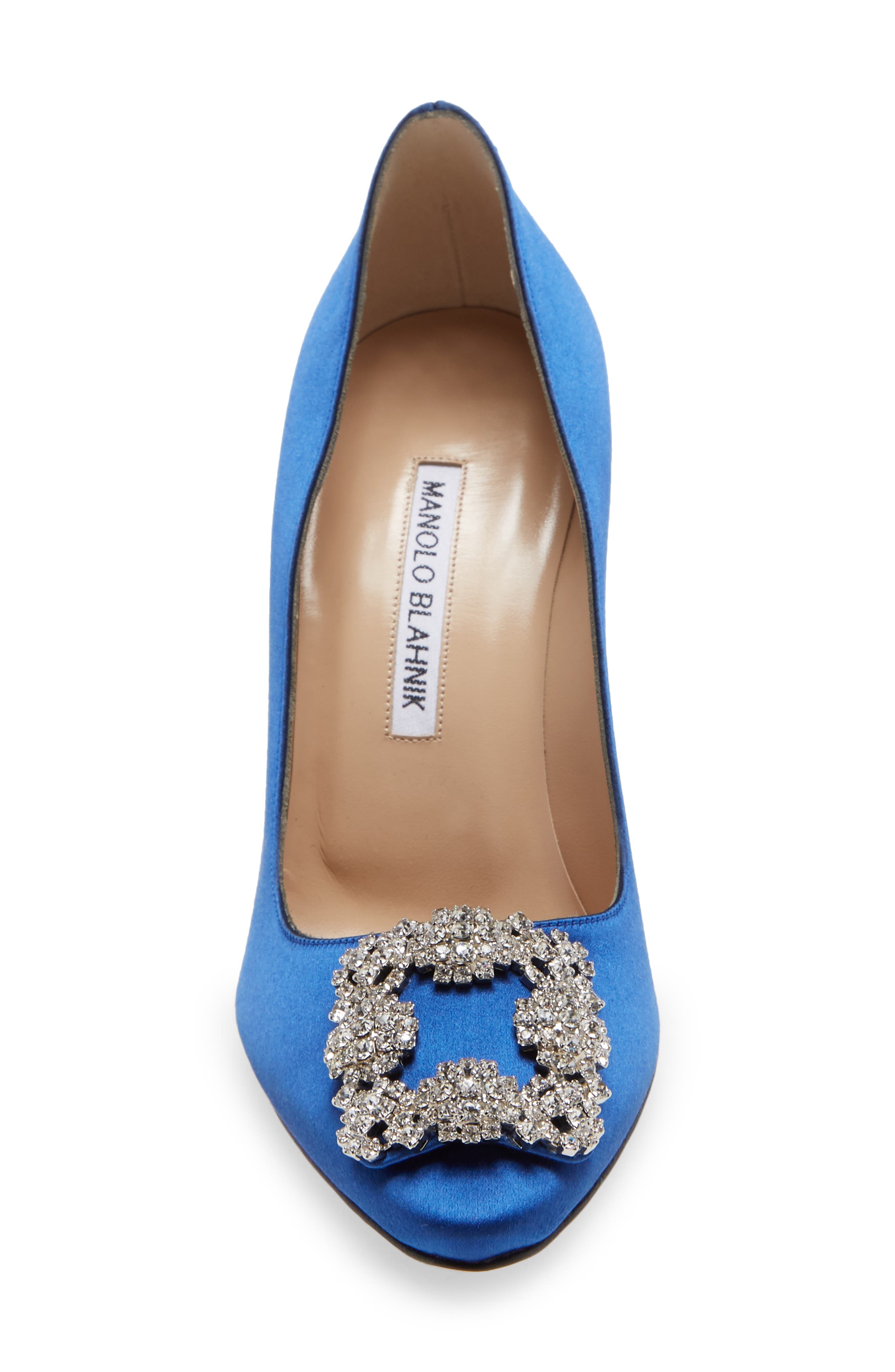 Manolo Blahnik Hangisi Crystal Buckle Pump, Alternate, color, Blue Satin Clear/ Buckle