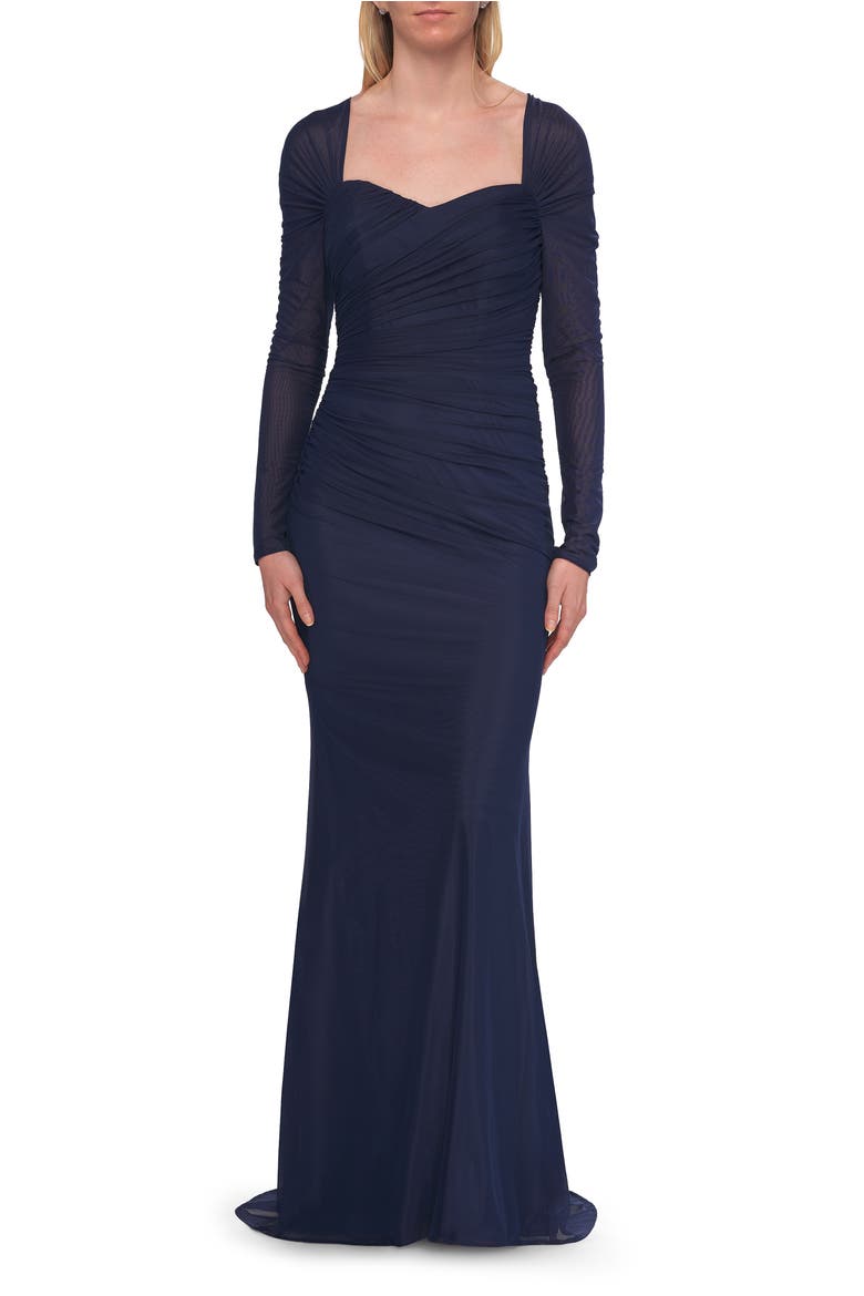 Long Sleeve Net Jersey Gown with Sweetheart Neckline, Main, color, Marine Blue