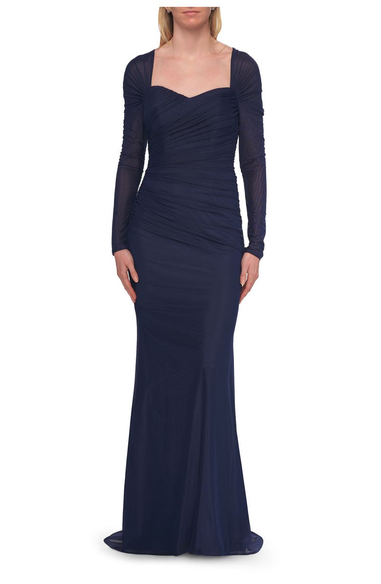 La Femme Long Sleeve Net Jersey Gown with Sweetheart Neckline, Main, color, Marine Blue
