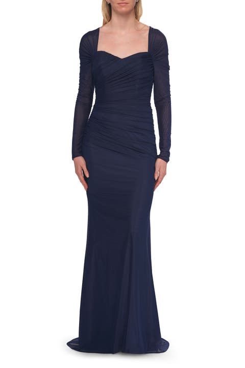 Long Sleeve Net Jersey Gown with Sweetheart Neckline