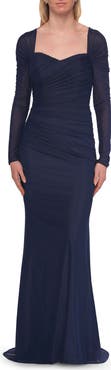 La Femme Long Sleeve Net Jersey Gown with Sweetheart Neckline