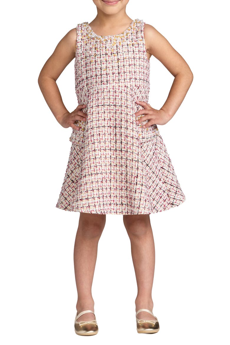 Girls Beaded Boucle Mini Dress, Main, color, Cherry