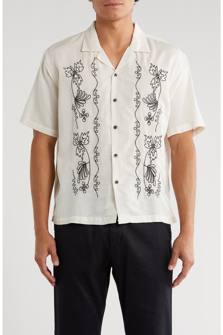Boxy Fit Floral Embroidered Camp Shirt, Main, color, FLAX