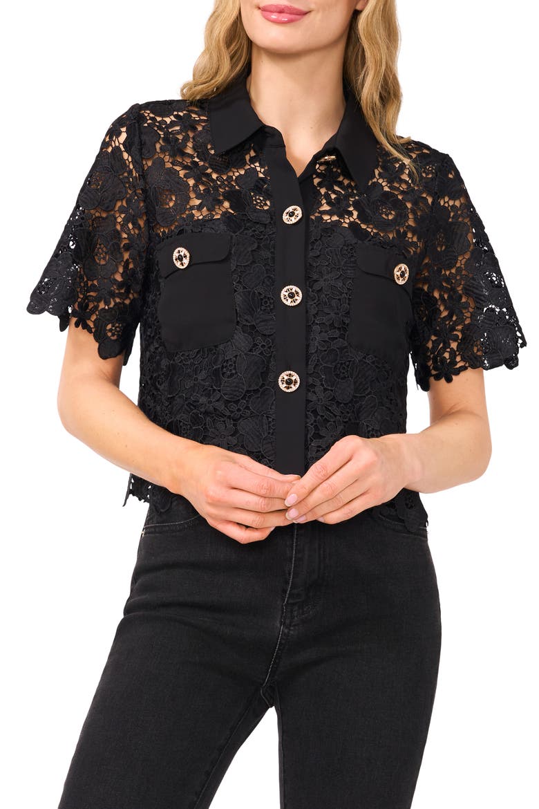 Floral Lace Short Sleeve Button-Up Shirt, Main, color, RICH BLACK