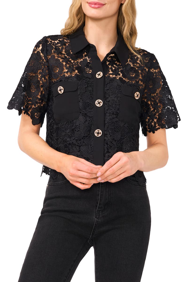 CeCe Floral Lace Short Sleeve Button-Up Shirt, Main, color, Rich Black