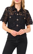 CeCe Floral Lace Short Sleeve Button-Up Shirt