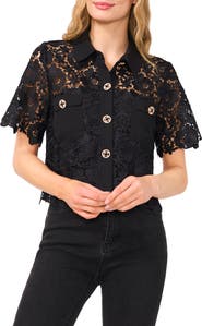 CeCe Floral Lace Short Sleeve Button-Up Shirt