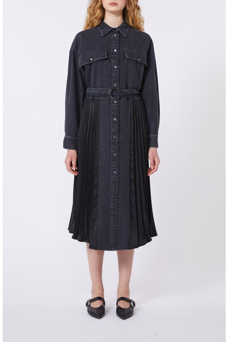 Citrato Long Sleeve Mixed Media Denim Shirtdress, Main, color, BLACK