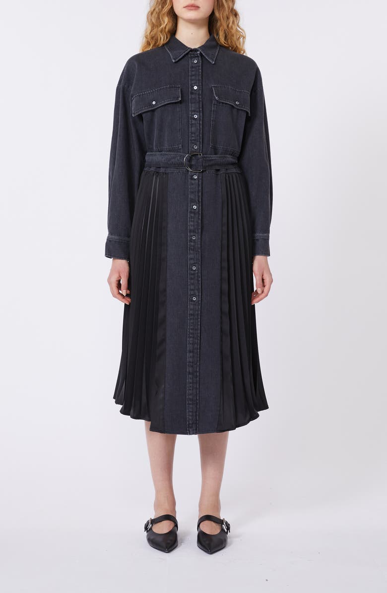 Weekend Max Mara Citrato Long Sleeve Mixed Media Denim Shirtdress, Main, color, Black