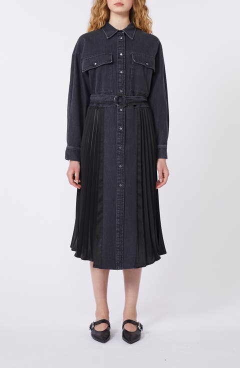 Citrato Long Sleeve Mixed Media Denim Shirtdress