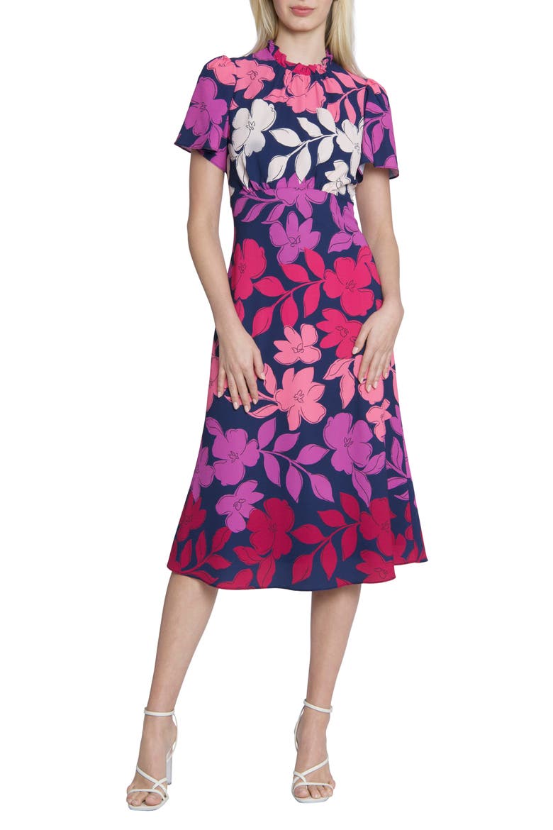 Floral Print Midi Dress, Main, color, BLUE/ PURPLE