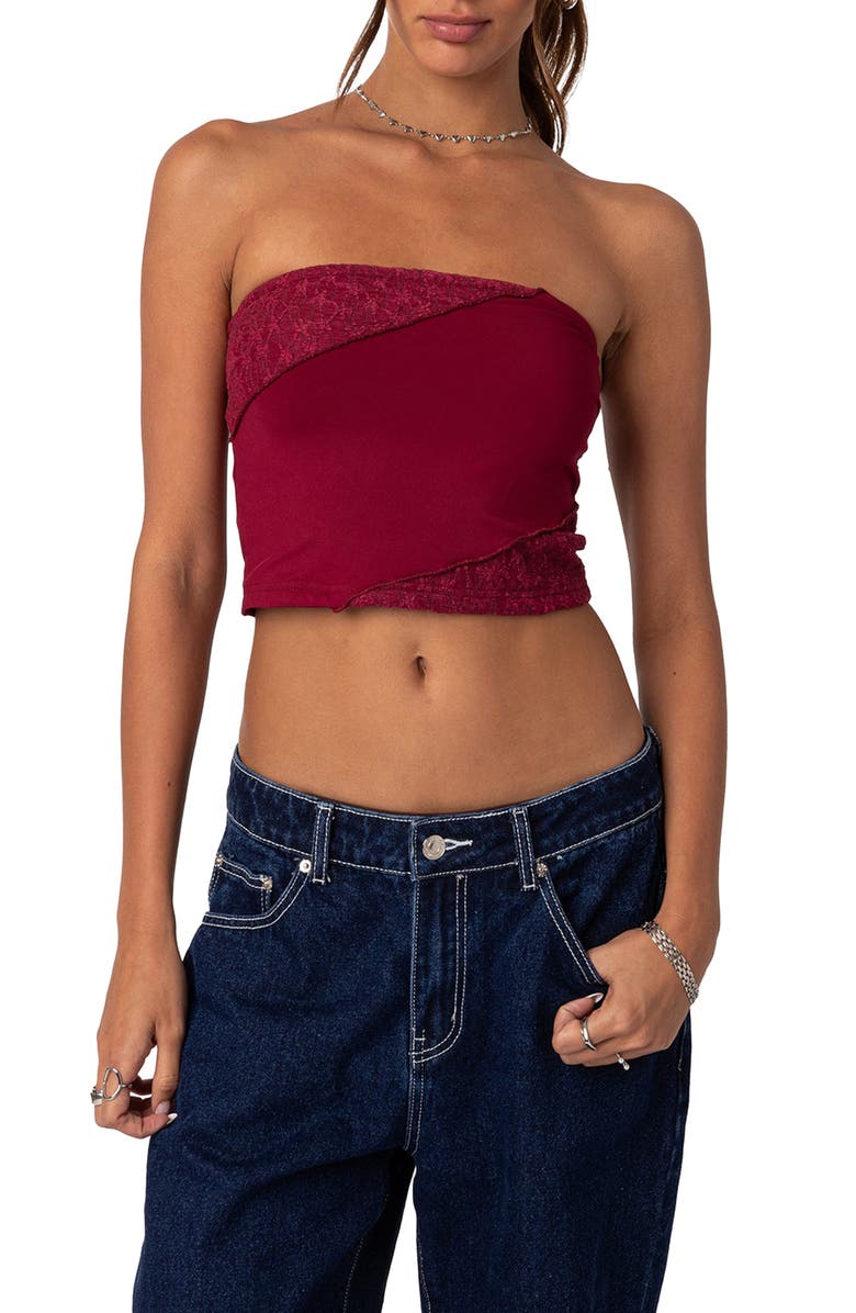 EDIKTED Lace Patchwork Crop Tube Top, Main, color, Burgundy