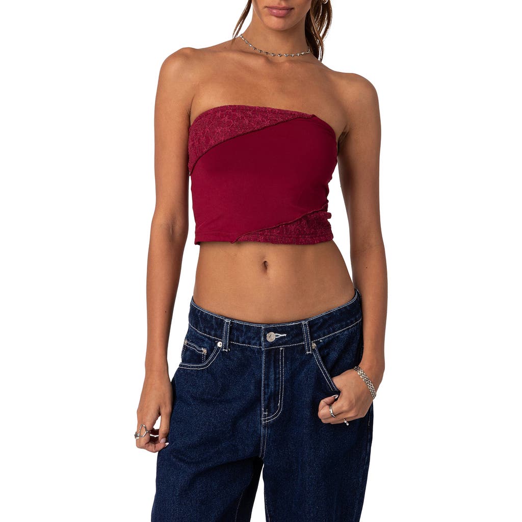 EDIKTED Lace Patchwork Crop Tube Top in Burgundy at Nordstrom, Size Medium