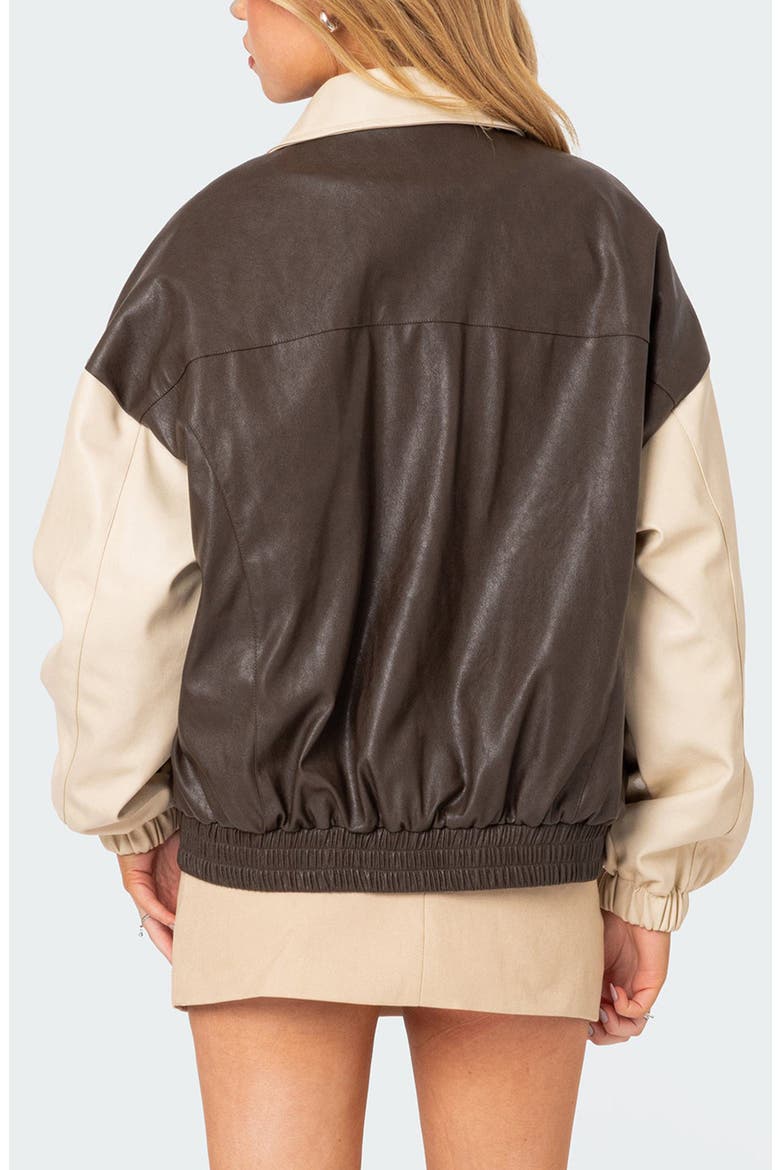 Oversize Colorblock Faux Leather Bomber Jacket, Alternate, color, BROWN