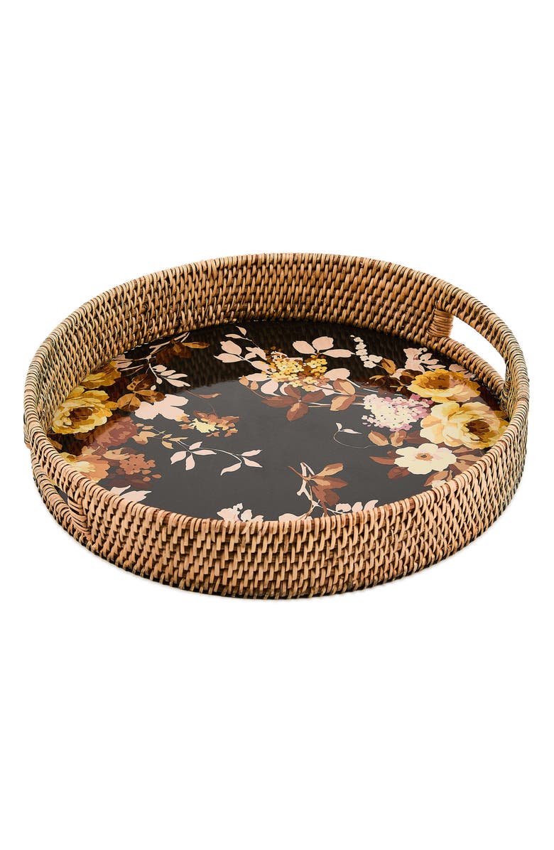 MACKENZIE CHILDS Wild Rose Enameled Steel & Rattan Tray, Main, color, Brown