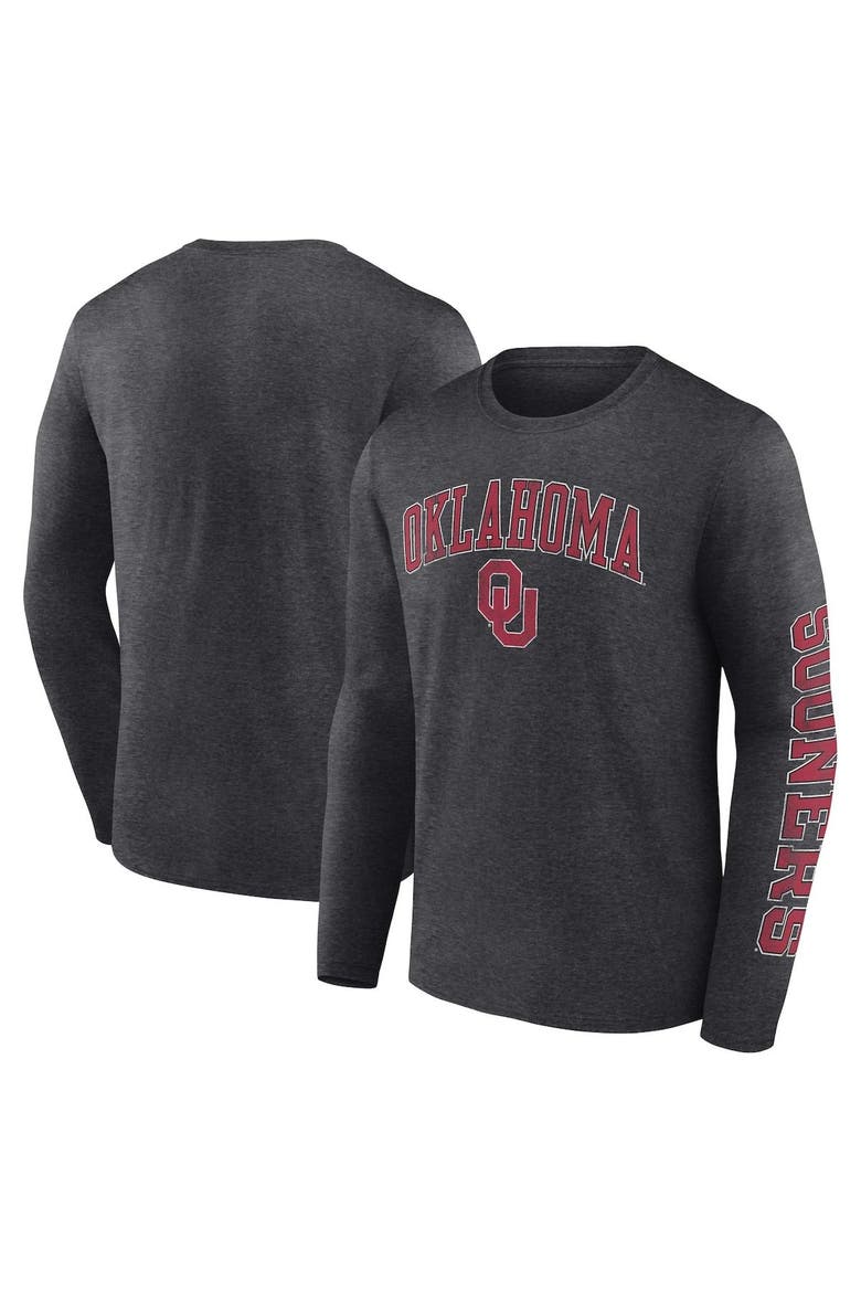 Men's Fanatics Branded Heather Charcoal Oklahoma Sooners Distressed Arch Over Logo Long Sleeve T-Shirt, Main, color, Heather Charcoal