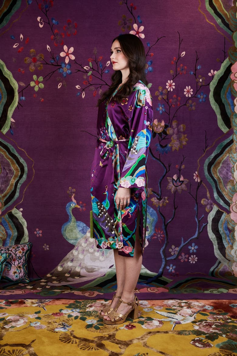 Wendy Morrison x Skylence Kujaku Peacock Silk Robe, Alternate, color, Purple
